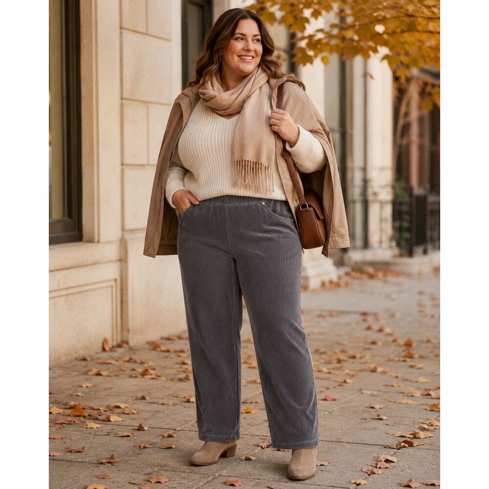 Quacker Factory Women’s Straight Leg Gray Wide Wale Corduroy Pants Size L